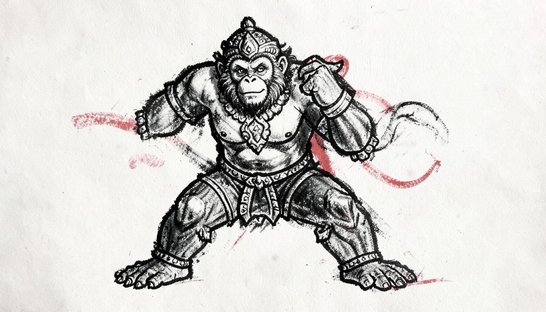 A bold charcoal drawing of a Hanuman figure in a dynamic pose, monkey-warrior form outlined in confident black strokes with traditional ornamentation.